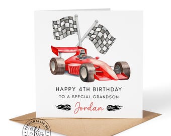 Tarjeta de cumpleaños personalizada con diseño de coches de carreras rojos para niños, cualquier nombre, edad, 4º, 5º, 6º, 7º, 8º, parentesco, hijo, nieto, sobrino, hermano