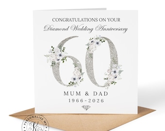 Personalised diamond 60th wedding anniversary card, 60 years married, any names relations, mum & dad, grandparents, friends, greetings card