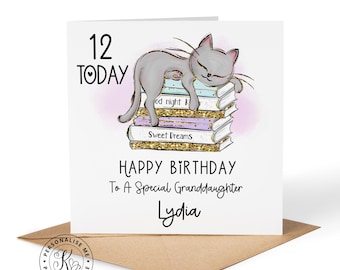 Personalised cat birthday card, kids children girls, any age 11th 12th 13th 14th 15th, teen card, any relation, daughter granddaughter niece