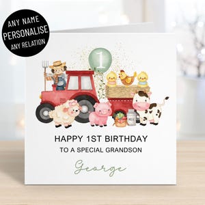 Carte personnalisée de joyeux 1er anniversaire de tracteur de ferme pour les garçons, tous les noms et parents, cochon mouton vache, fils petit-fils neveu frère, carte de voeux