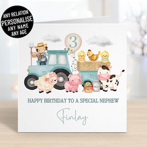 Carte personnalisée de joyeux anniversaire de tracteur de ferme pour les garçons, tous les noms et parents, tout âge 1 2 3 4 5 ans, fils petit-fils neveu frère, vache mouton cochon