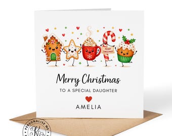 Tarjeta de Navidad personalizada para niñas Feliz Navidad cualquier nombre parentesco hija nieta sobrina divertida linda tarjeta de Navidad