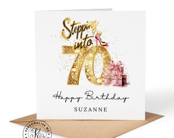 Tarjeta de cumpleaños personalizada para mujeres que cumplen 70 años, con cualquier nombre o parentesco: amiga, hermana, prima, abuela, mamá.