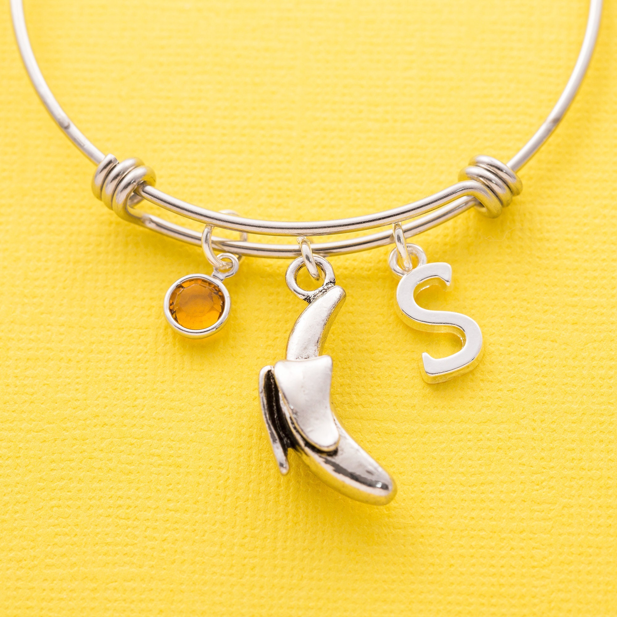 Personalised Banana Charm Bracelet, Hypoallergenic Steel Bangle, Initial Charm, Birthstone Fruit Jewellery, Silver, Gift For Her