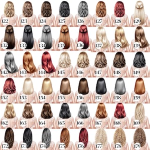 May include: A selection of illustrations displaying diverse hairstyles and hair colours, each identified by a number from 121 to 180. The images present various lengths, styles, and shades, including blonde, brown, black, and red.