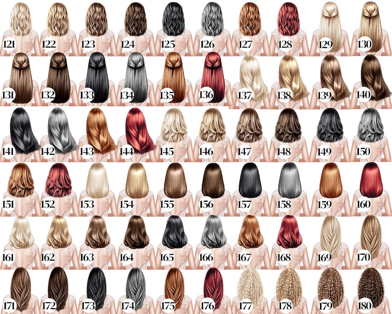 May include: A selection of illustrations displaying diverse hairstyles and hair colours, each identified by a number from 121 to 180. The images present various lengths, styles, and shades, including blonde, brown, black, and red.