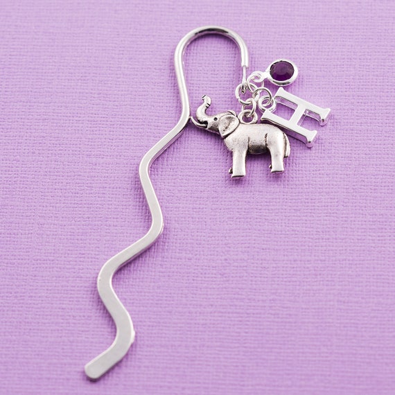 Personalized elephant bookmark with silver initial and a crystal birthstone