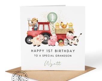 May include: A square birthday card featuring a watercolor illustration of a red tractor, a farmer, a sheep, a pig, a cow, and chicks on a trailer. A green balloon with the number 1 is visible. Text reads: HAPPY 1ST BIRTHDAY TO A SPECIAL GRANDSON Wyatt.