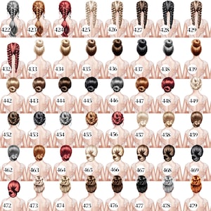 May include: Sixty illustrations of hairstyles, including braids, buns, and updos, are displayed. The hair colours vary from black and brown to blonde and red. Each style is numbered. The illustrations are set against a soft, neutral background.