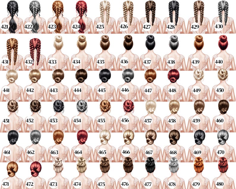 May include: Sixty illustrations of hairstyles, including braids, buns, and updos, are displayed. The hair colours vary from black and brown to blonde and red. Each style is numbered. The illustrations are set against a soft, neutral background.