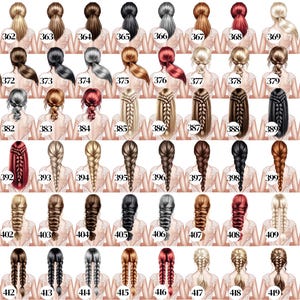 May include: A selection of illustrations displaying diverse hairstyles, such as ponytails, braids, and updos. The images present a variety of hair colours, including blonde, brown, black, and red. Each illustration is numbered, providing a wide array of styles.