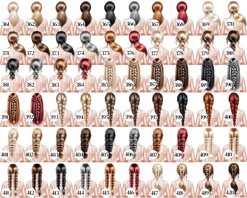 May include: A selection of illustrations displaying diverse hairstyles, such as ponytails, braids, and updos. The images present a variety of hair colours, including blonde, brown, black, and red. Each illustration is numbered, providing a wide array of styles.