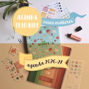 May include: Two spiral-bound planners labelled Agenda 2026-2027, one with a light blue cover featuring fruit illustrations and the other with a striped green and brown cover, accompanied by various sticker sheets, paper clips, and an orange highlighter.
