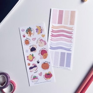 NEW - DUO Couleur Rose et Mauve | Autocollants réutilisables | Bannières | Fruits légumes | Autocollants planificateurs | Planner stickers