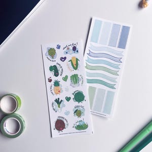 NEW - DUO Couleur Vert et bleu | Autocollants réutilisables | Bannières | Fruits légumes | Autocollants planificateurs | Planner stickers