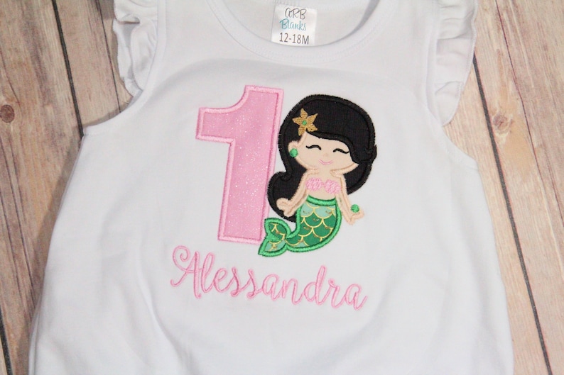 Mermaid Birthday Bodysuit or Romper Pink and Turquoise Mermaid Applique Shirt
