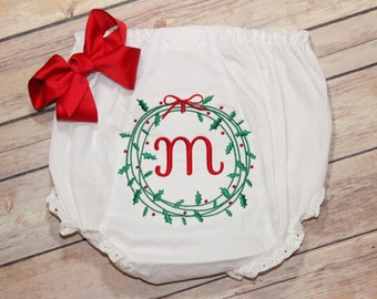 Christmas Bloomers Holiday Bloomers Holly and Berry, Ivy Wreath, Monogrammed Bloomers/Diaper Cover