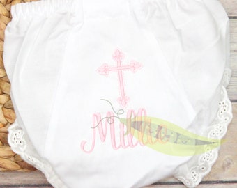 Baby Girl  Cross Christening, Baptism, Monogrammed Bloomers/Diaper Cover