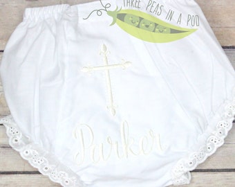 Baby Girl  Cross Christening, Baptism, Monogrammed Bloomers/Diaper Cover