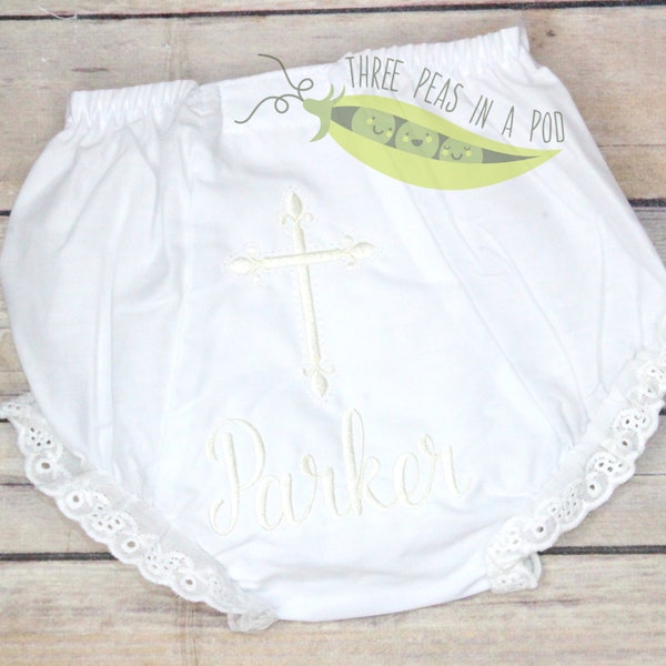 Baby Girl  Cross Christening, Baptism, Monogrammed Bloomers/Diaper Cover