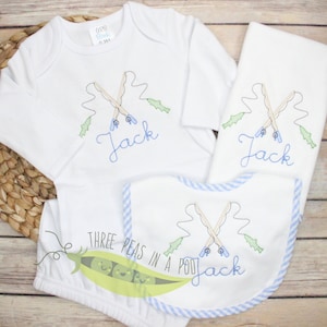 Monogrammed Baby Gown Personalized Newborn, Newborn Baby Gift, Monogrammed Bib and Burp Cloth Set, Fishing Newborn Set