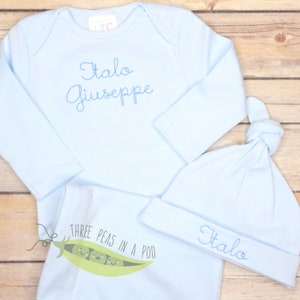 Monogrammed Baby Gown, Personalized Newborn Gown, Light Blue Gown and Hat, Going Home Outfit Baby Boy