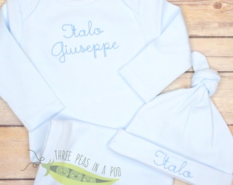 Monogrammed Baby Gown, Personalized Newborn Gown, Light Blue Gown and Hat, Going Home Outfit Baby Boy