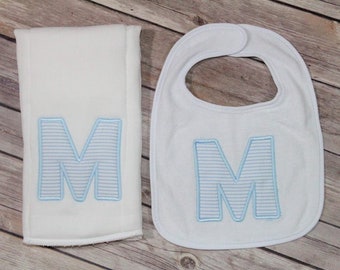 Baby Bib and Burp Cloth Monogrammed Seersucker Set Newborn Gift