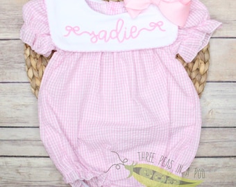 Classic Baby Bubble, Gingham Pink Bubble, Baby Girl Bib Bubble, Grandmillenial Baby Bubble, Bow Monogram Bubble