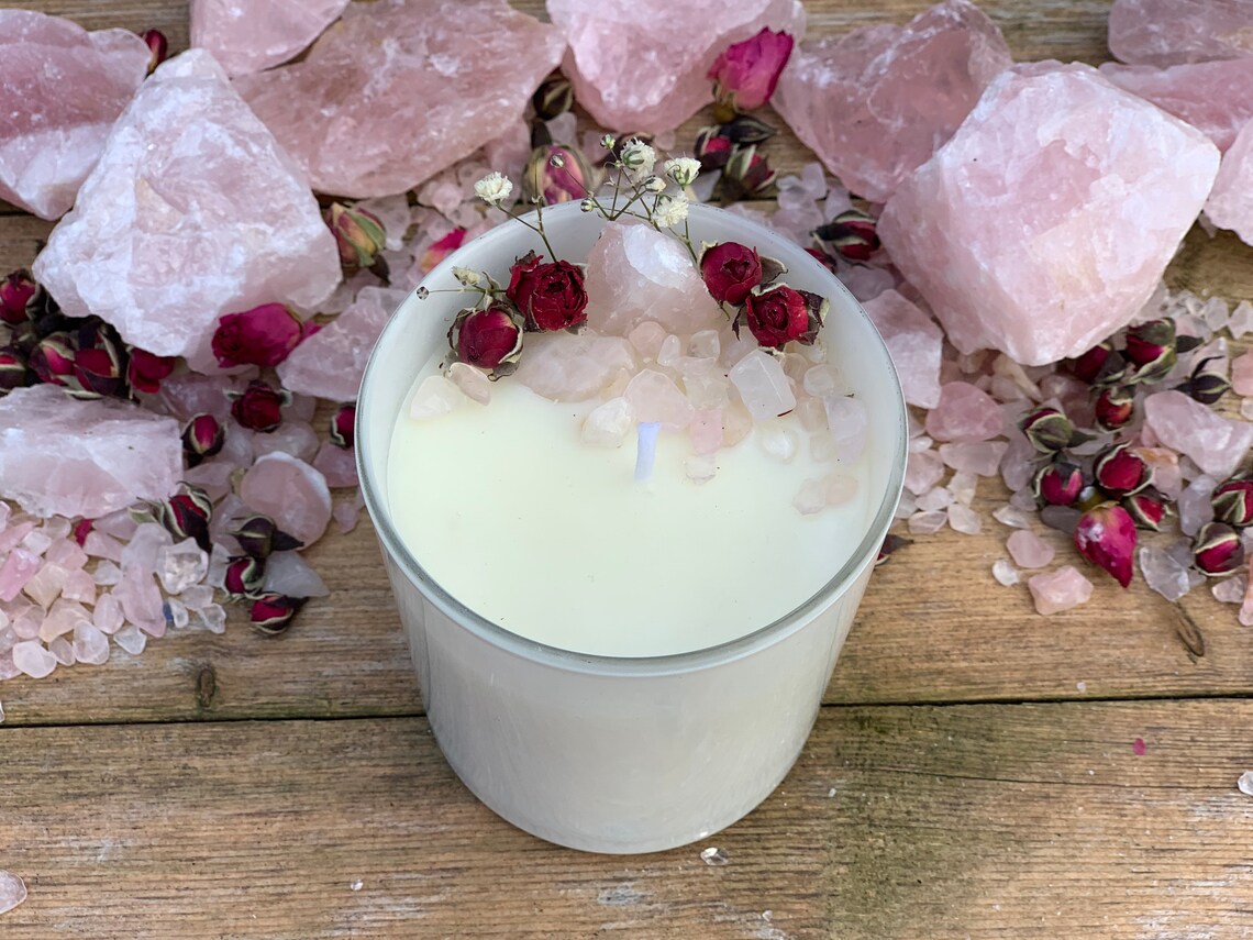 Handmade Rose Quartz Self Love Luxury Soy Candle Crystal Etsy