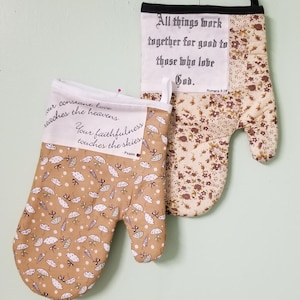 Brown and white oven mitts (set of 2) with bible verses of cheer
