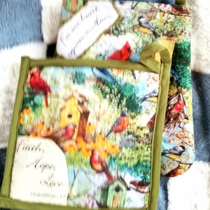 Birds, bird houses and scriptures oven mitt and potholder