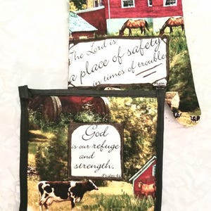 May include: Oven mitt and pot holder set featuring a farm scene with a red barn, horses, and a cow. The text on the items reads "The Lord is a place of safety in times of trouble" and "God is our refuge and strength."