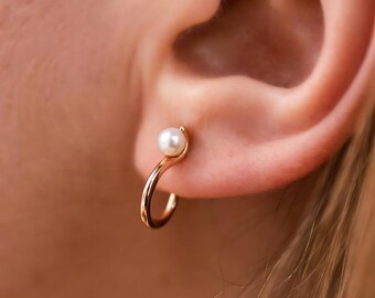 14k Solid Gold Pearl Hoop Earrings, Dainty Everyday Jewelry. Genuine Freshwater Pearl Earrings. Gift for her