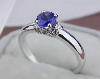 Ready to ship! Engagement ring with royal blue sapphire and diamonds size 7 US. Blue sapphire ring. Sapphire engagement ring. Proposal ring
