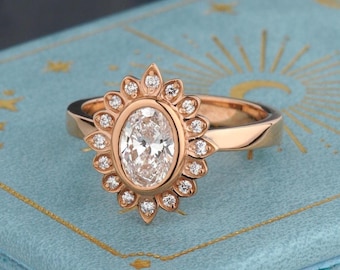 Lab Diamond Engagement Ring 14k Gold, Oval Lab  Diamond Ring, Vintage Style Engagement Ring, IGI Certified Diamond Ring, Unique Halo Ring