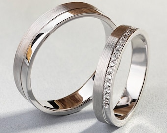 White gold wedding bands with diamonds. Matching wedding rings. Wedding rings. Gold rings. Couple wedding rings. Diamond bands.