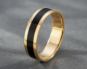 Mens wedding band with black enamel. Wedding ring for him. Gold wedding band. Black and gold wedding band. Mens gold ring. Unique mens ring