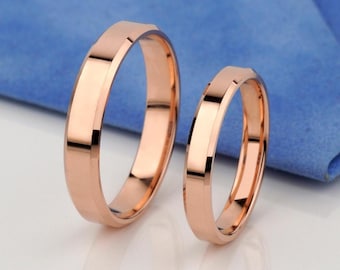 14k Solid Gold Wedding Band Set 3mm and 4mm wide. Matching Gold Rings, Simple Plain Gold Rings, Minimalist Comfort Fit Bands