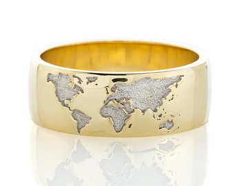 Unique 14k gold ring with world map. Custom made ring. World map wedding band. Unique gold ring.