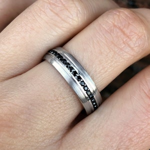 Mens wedding rings with black stones. White gold wedding band for men. Gold wedding ring for him. Men&#39;s gold band. Black and gold ring.