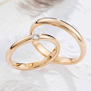 Classic wedding rings set with diamond. Simple wedding bands. His and hers wedding rings set. Solid gold bands. Couple rings. Promise rings.