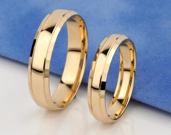 14k solid gold wedding band set for couples. Matching gold rings. Comfort fit wedding bands. His and hers wedding rings set.