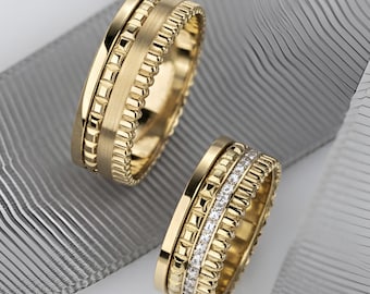 14k Solid Gold Wide Wedding Band Set. Matching Couple Rings, Modern style Textured Gold Bands, Unique Wedding Set for Him and Her