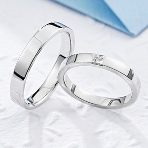 White gold wedding bands with princess diamond. Couple wedding band set. His and hers wedding rings. Wedding diamond band. 14k wedding band