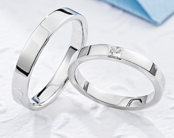 White gold wedding bands with princess diamond. Couple wedding band set. His and hers wedding rings. Wedding diamond band. 14k wedding band