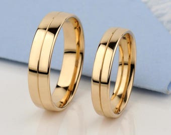Minimalist 14k Gold Wedding Band Set, Matching Couple Rings, Modern Plain Gold Bands, Simple Wedding Ring Set