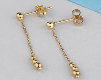 14k Solid Gold Ball Drop Earrings, Long Bead Dangle Earrings, Real Gold Jewelry Gift for Her, Simple Everyday Gold Earrings