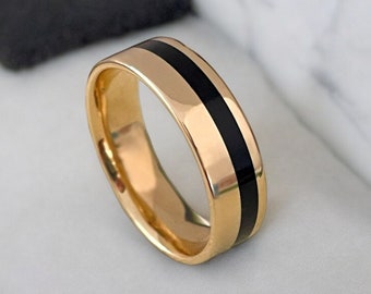 Mens gold wedding band with black enamel. Black and Gold Wedding Ring for Him. Unique Mens Gold Band. Wedding Ring Men, Solid 14k Gold