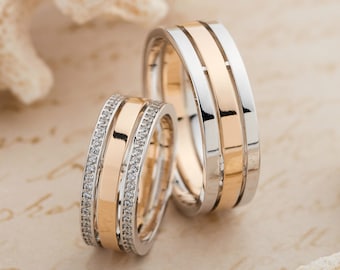 Two-tone solid 14k gold wedding bands. Contemporary wedding bands. Wide wedding bands. Unique wedding rings set. Matching wedding bands.